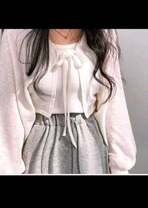 Chic White Cardigan with Tie Neck Top