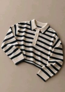 CREAM & BLACK STRIPED COLLARED KNIT POLO SWEATER