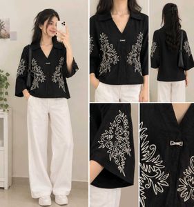 Embroidered Black V-Neck Top