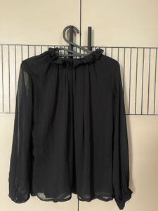 Chic Black Ruffled Neck Blouse