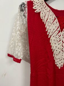 Red Kurta with White Embellishments