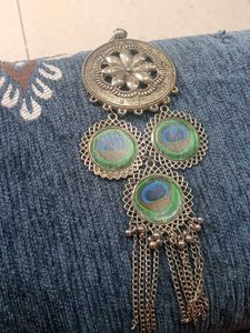 oxidised silver long necklace with peacock feather