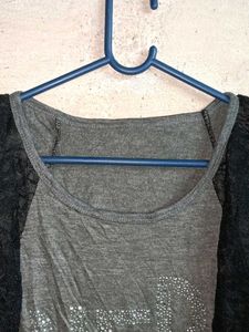 Grey T-Shirt with Lace Sleeves