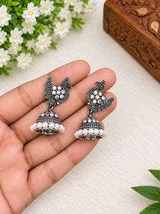 Boho Oxidised Silver Jhumka Earrings