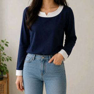 Navy Blue Long Sleeve Top with White Collar