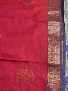 Red Silk Saree with Blue Brocade