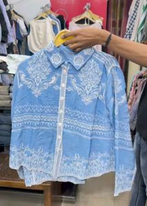 Stylish Blue Embroidered Collared Shirt