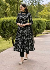 BLACK COTTON FLORAL Anarkali SET