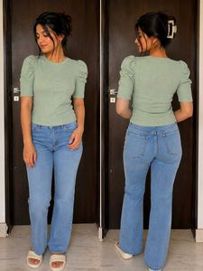 Light Green Ribbed Top with Pearl Details