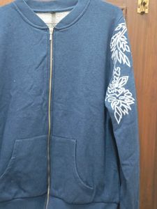 Blue Bomber Jacket with Leaf Embroidery