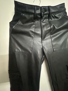 Black Faux Leather Cargo Pants