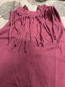Maroon Fringed Sleeveless Dress