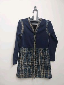 Korean Tweed Trimmed Navy Dress