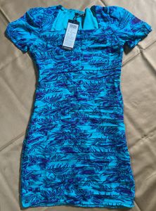 Blue Tropical Print Short Sleeve Dress
