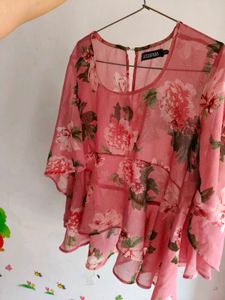 Pink Floral Print Flare Sleeve Top
