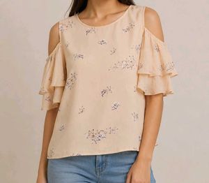 Peach Cold Shoulder Ruffle Sleeve Top