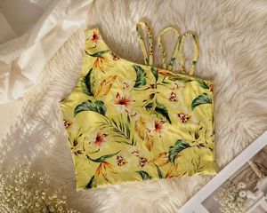 Yellow Floral One-Shoulder Crop Top
