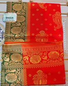 Red &amp; Green Silk Saree with Blouse
