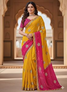 Elegant Pink & Yellow Embellished Saree