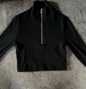 H&M Black Ribbed Half-Zip Mock Neck Top