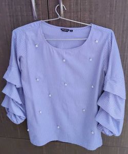 Chic Striped Ruffled Sleeve Top