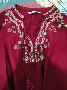 Chinese Embroidered Red Kurta Top