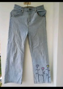 boho straight blue jeans w fabric floral eye art