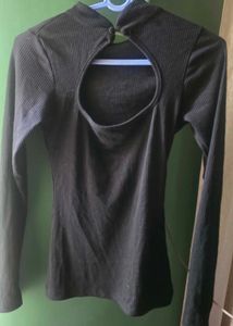 Ribbed Black Cut-out Long Sleeve Top