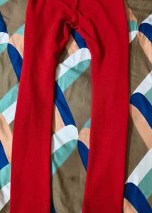 Red Textured Leggings with Floral Applique