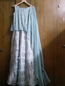 Embellished Ethnic Gown with One Side Long Cape