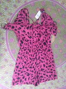 Pink Leopard Print Cold Shoulder Romper