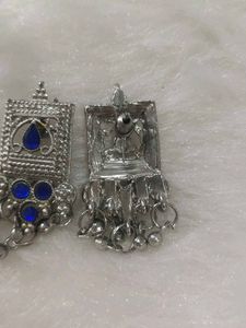 Silver Jhumka Earrings with Blue Stones