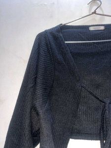 Black Ribbed Cropped Tie-Back Top