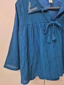 Teal Embellished Tie-Neck Top