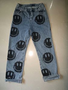 Smiley Face Print Denim Jeans