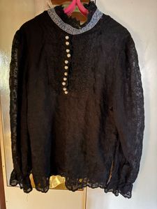 Elegant Black Lace Blouse with Pearl Details
