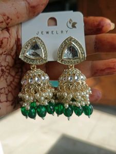 Green &amp; Gold Jhumka Earrings