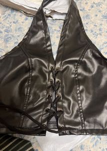 Black Faux Leather Lace-Up Halter Top