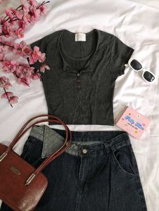 Dark Grey Ribbed Henley Top