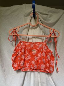 Orange Floral Cotton Tie-Strap Crop Top