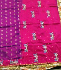 Purple Silk Saree with Peacock Embroidery