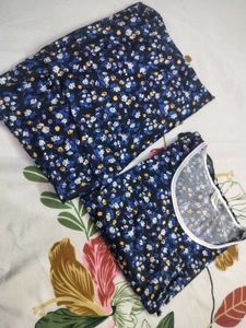 *Navy Blue Floral Print Cotton Night Suit for Wome