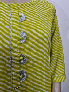 Lime Green Cotton Leheriya Kurti with Gota Patti (
