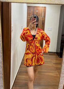 V-NECK Embellished Orange Paisley Print Tunic TOP