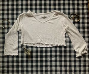 White Ribbed Cropped Long Sleeve Top