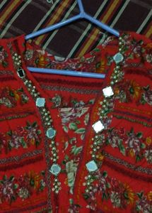 Beautiful Red Floral Kurta with Mirror Work