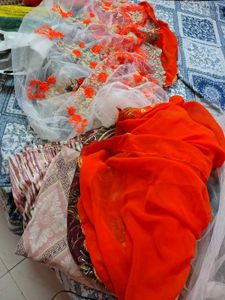 Vibrant Orange &amp; White saree with blouse pc