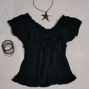 Black Off-Shoulder Smocked Top