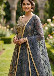 Elegant Grey Dupatta with Gold Border