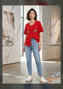 Red Button-Up Top with Cute Embroidery